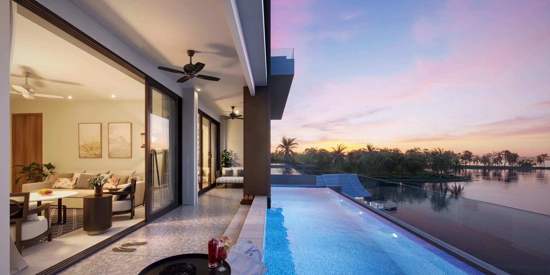 Pool terrace at dusk