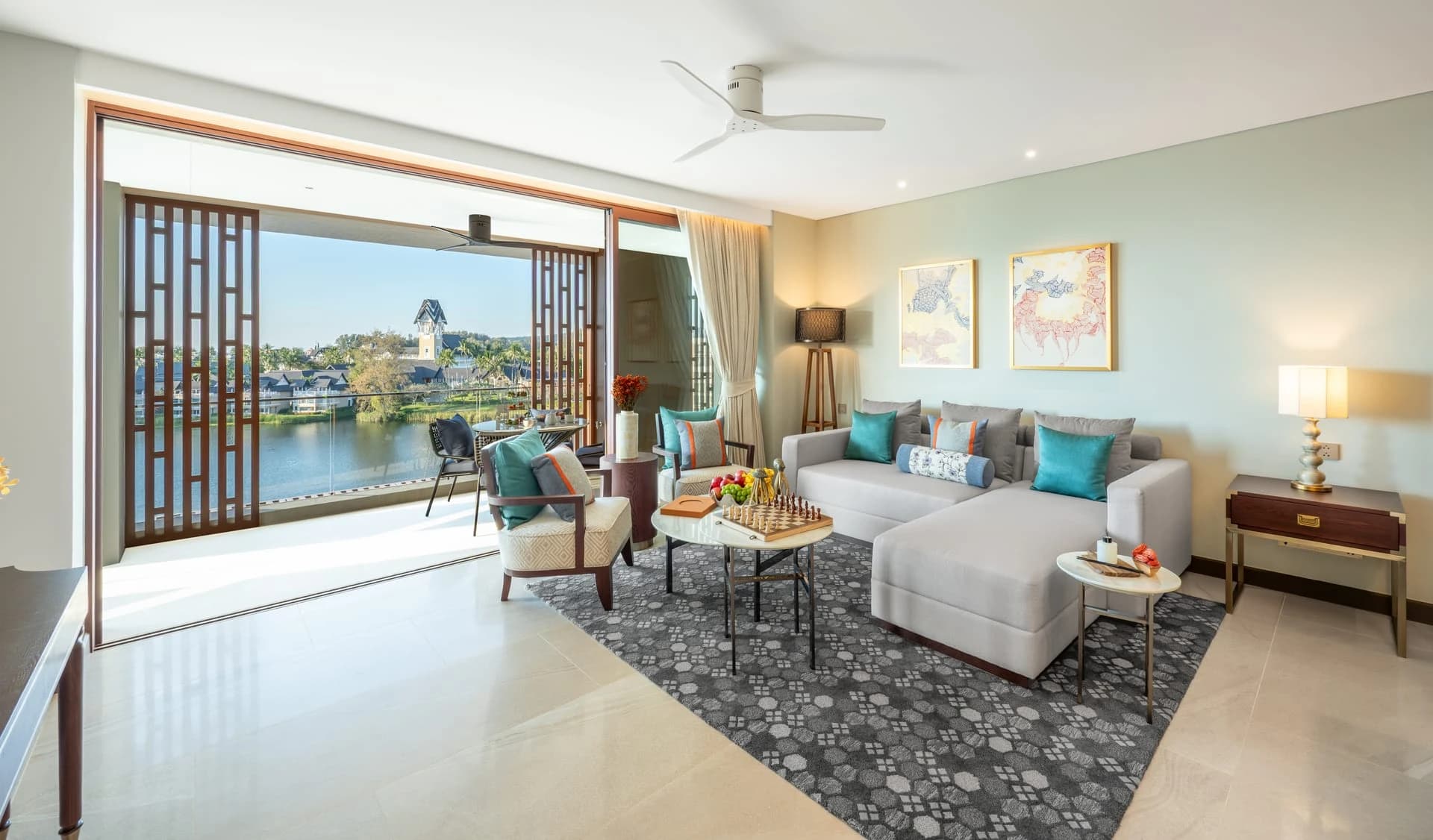 The living room opens to the water